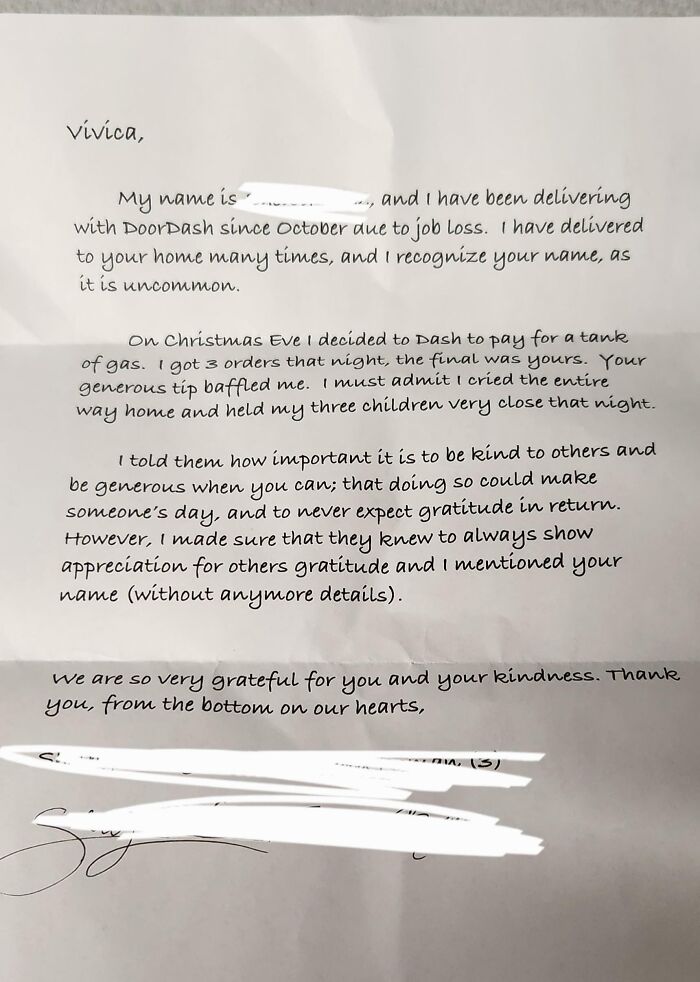 Handwritten letter showing faith in humanity restored as strangers share kindness and make each other’s day.