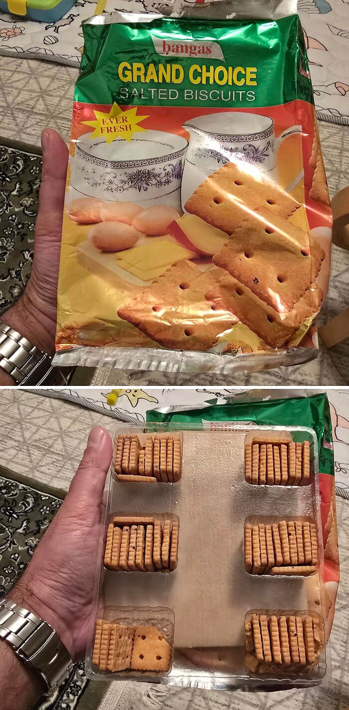 Misleading packaging of salted biscuits shows large image but contains very few actual crackers inside the pack.