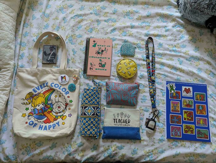 Assorted colorful items neatly arranged on a floral bedspread, showcasing satisfying order and organization.