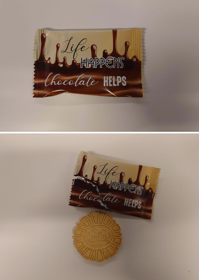 Packaging promising chocolate with "Life Happens Chocolate Helps" text, but contains a plain biscuit, illustrating misleading packaging.