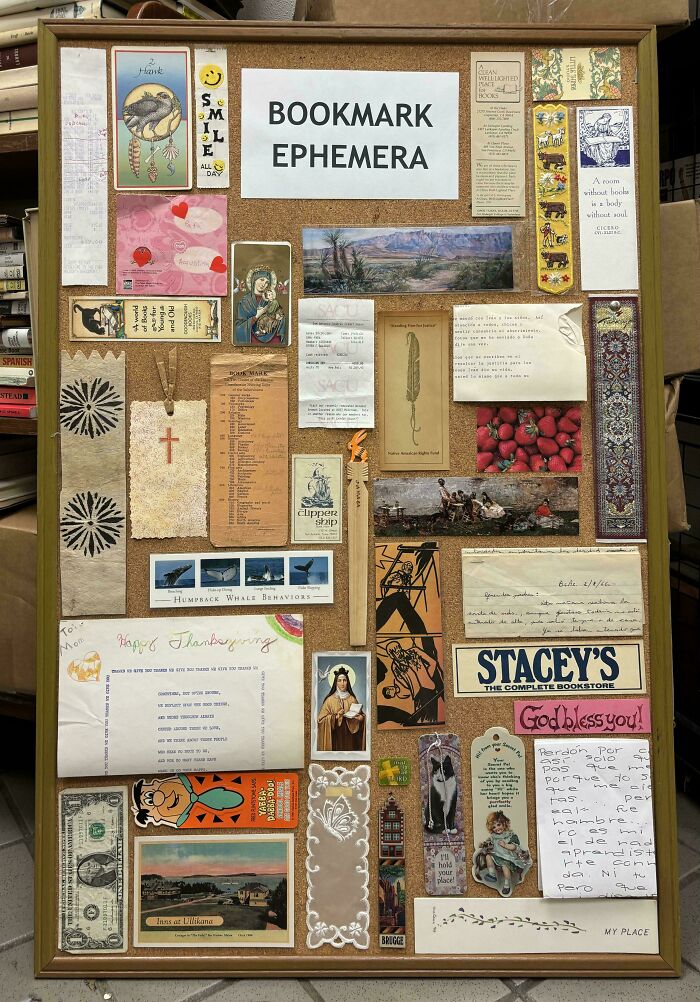 Corkboard displaying a neatly arranged collection of bookmark ephemera showcasing order and organization.