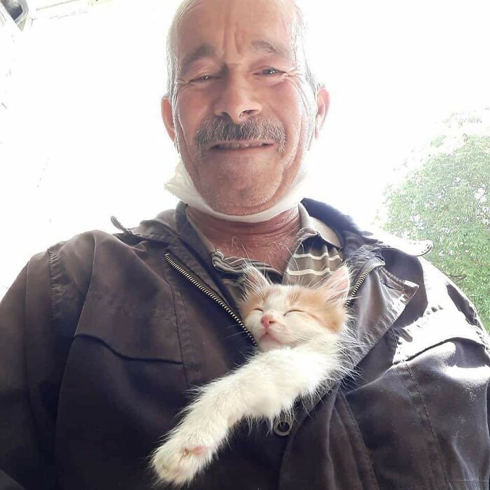 Man smiling with a content kitten resting inside his jacket, showcasing animals who can take a better selfie than you.