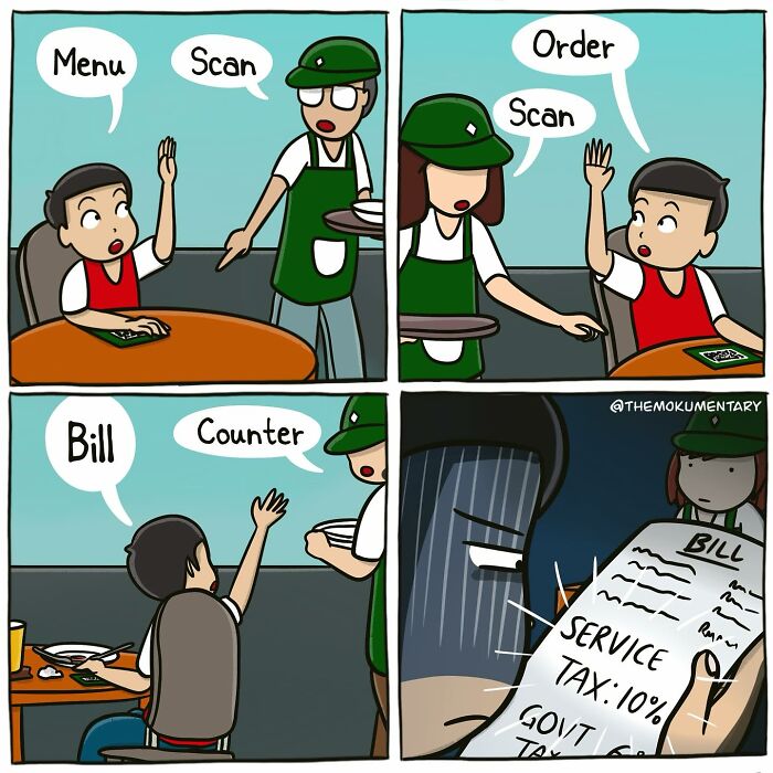 Comic illustrating the randomness of everyday life with a confused diner interacting with staff and a shocking bill.