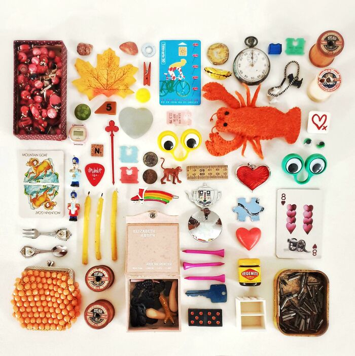 Neatly arranged vintage toys, objects, and trinkets displayed to satisfy the need for order and knolled collection.