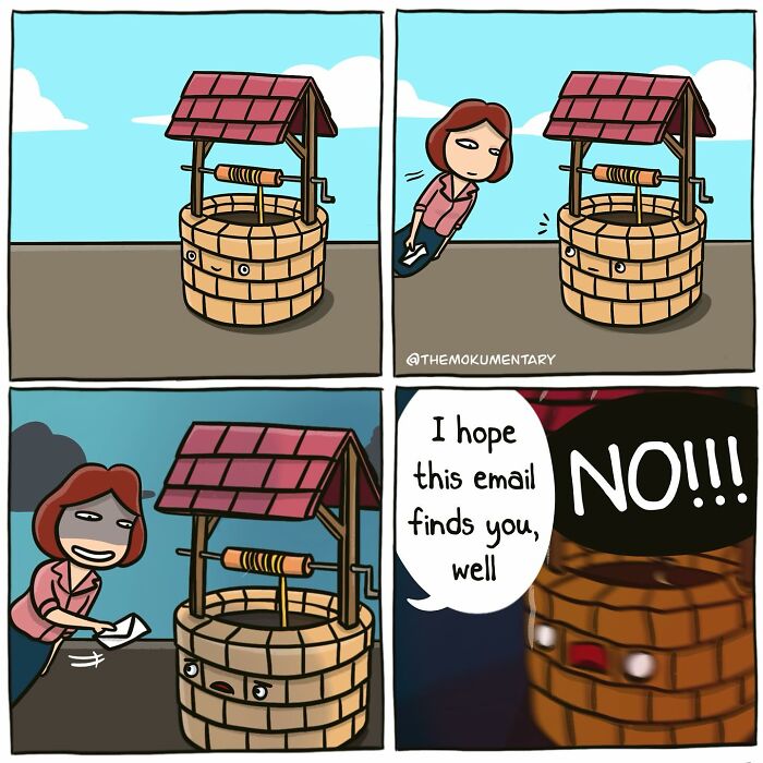 Comic panels showing a person trying to send a message through a well, capturing randomness of everyday life humor.