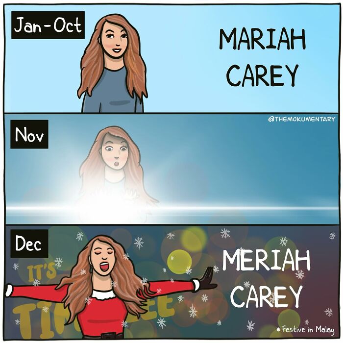 Comic strip showing changing seasons with a character and festive humor, capturing everyday life randomness visually.