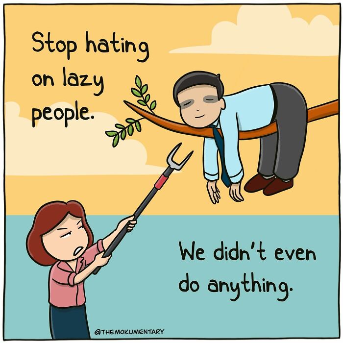 Cartoon showing a woman poking a man sleeping on a tree branch, illustrating randomness of everyday life comics.