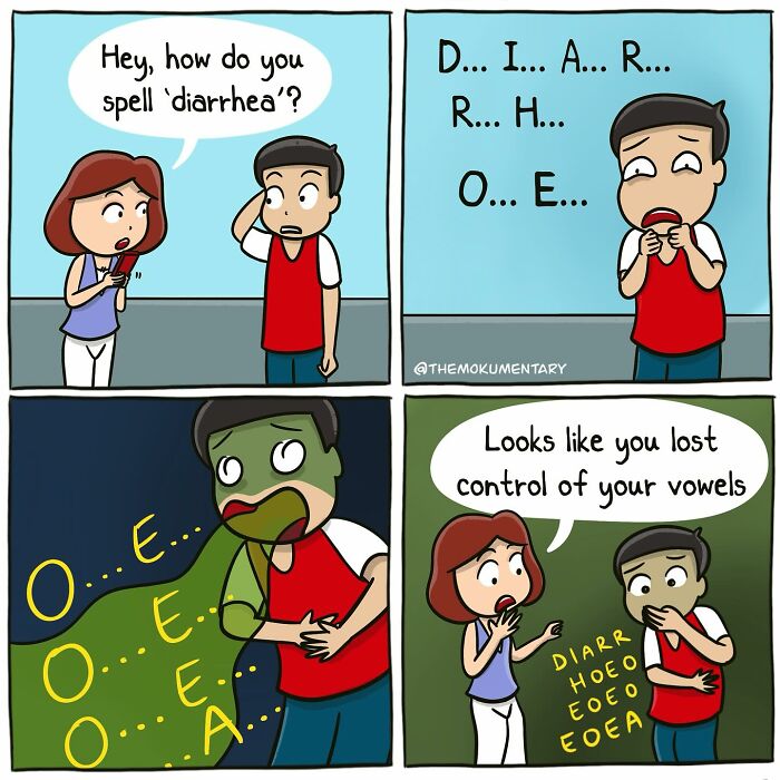 Comic strip showing a humorous take on spelling and vowels, capturing the randomness of everyday life in comics.
