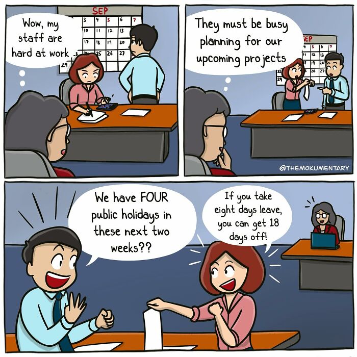 Comic illustrating the randomness of everyday life with coworkers discussing holidays and work plans in an office setting.