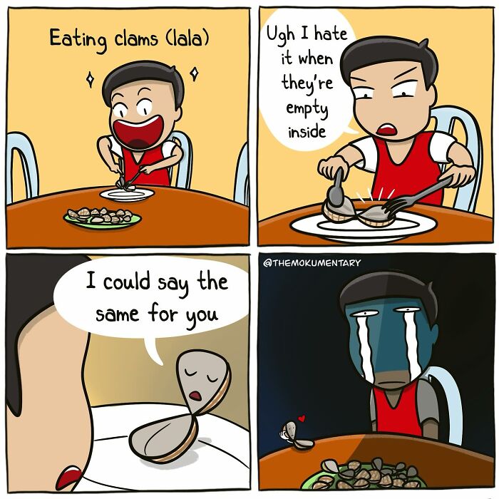 Comic illustrating the randomness of everyday life with a man eating clams and a talking clam shell on a plate.
