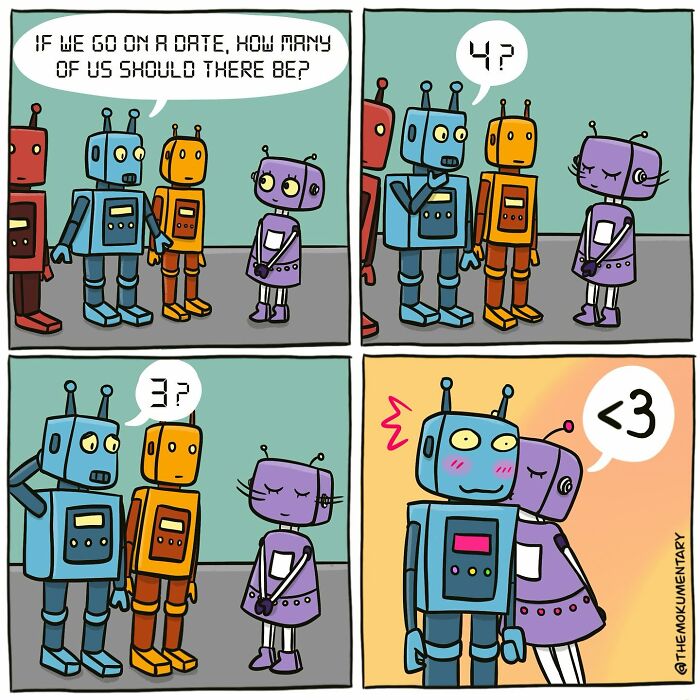 Comic strip showing robots humorously capturing the randomness of everyday life and playful dating confusion.