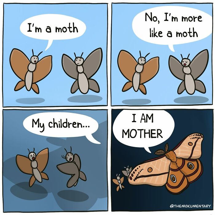 Comic illustrating the randomness of everyday life featuring a humorous moth family conversation and unexpected twist.