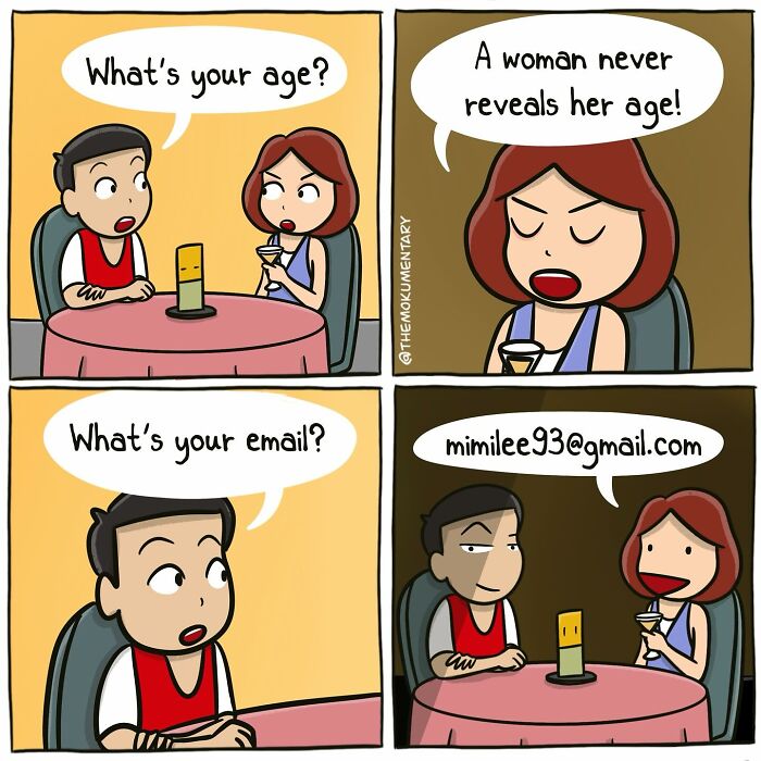Comic strip showing a humorous everyday life moment where a woman avoids sharing her age but quickly shares her email.