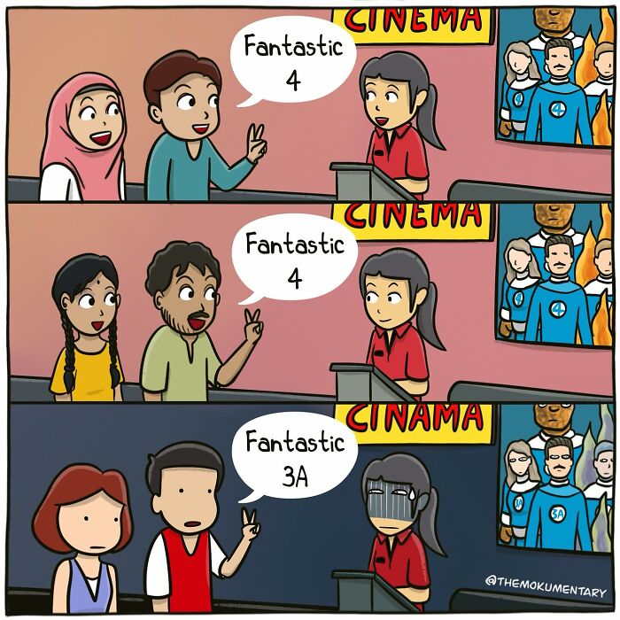 Comic strip showing different people at a cinema ticket counter humorously capturing randomness of everyday life moments.