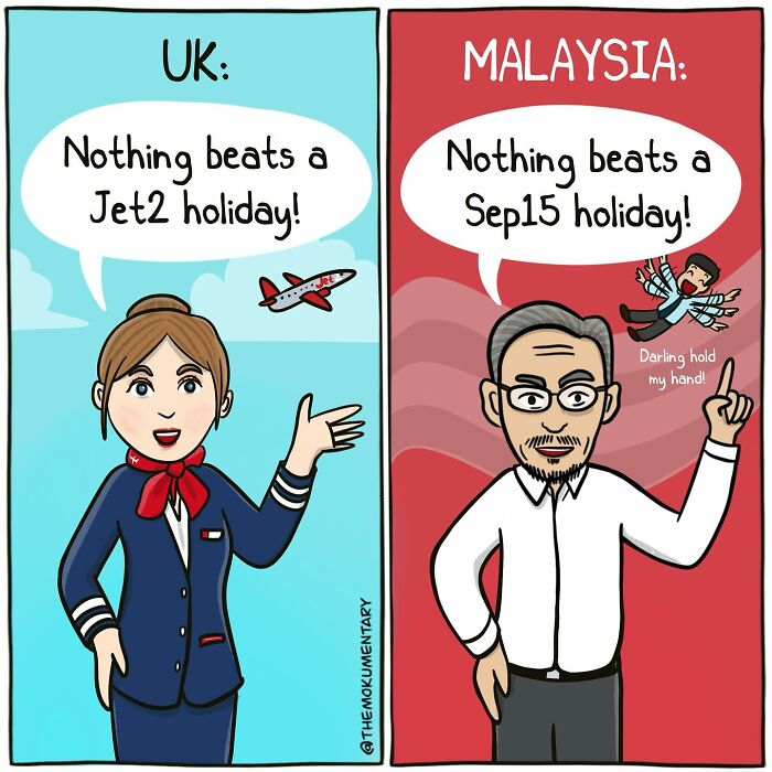 Comic showing UK and Malaysia perspectives on holidays, capturing the randomness of everyday life in a humorous way.