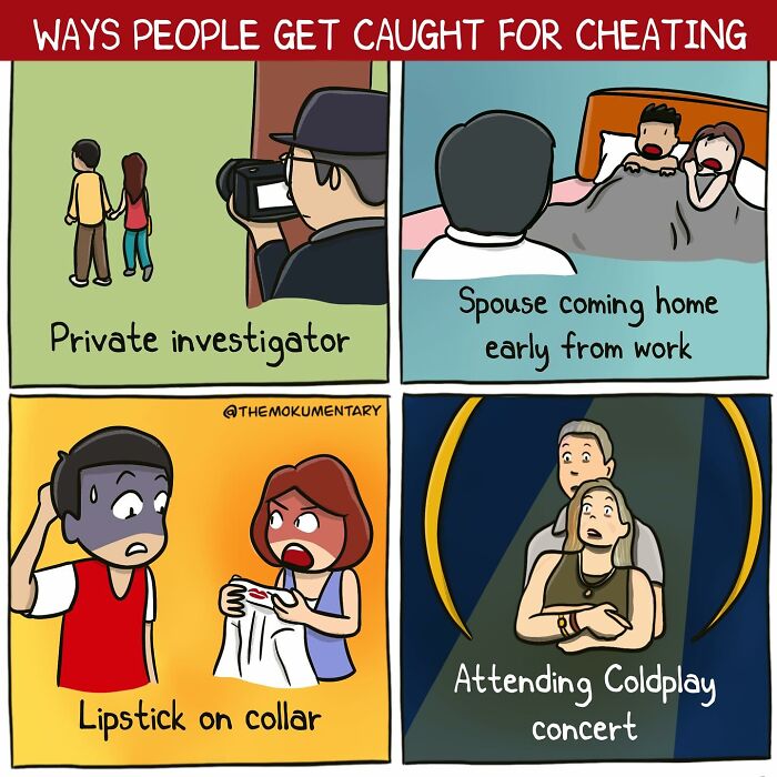 Comic illustrating randomness of everyday life with funny cheating scenarios like private investigator and lipstick on collar.