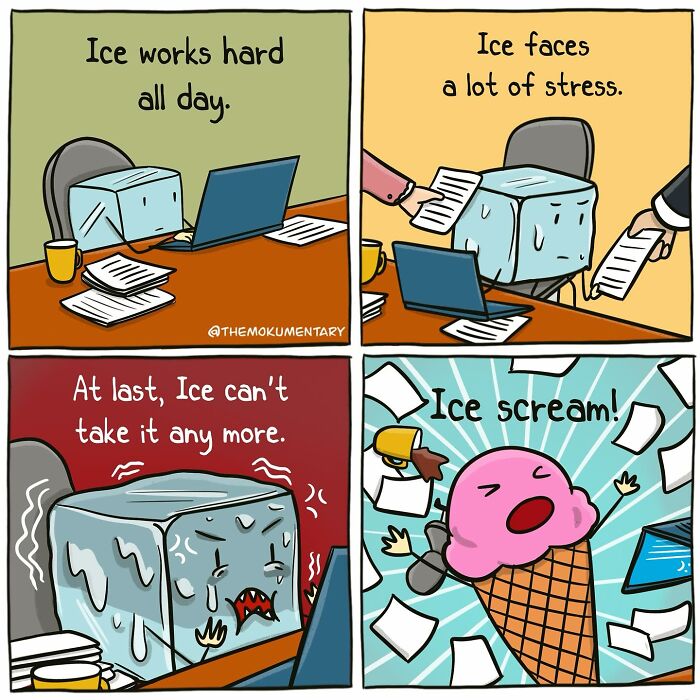 Comic showing an ice cube stressed at work turning into a screaming ice cream cone, capturing everyday life randomness humor.
