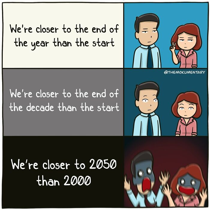 Comic panels showing two characters realizing they are closer to future dates than past, capturing everyday randomness in comics.