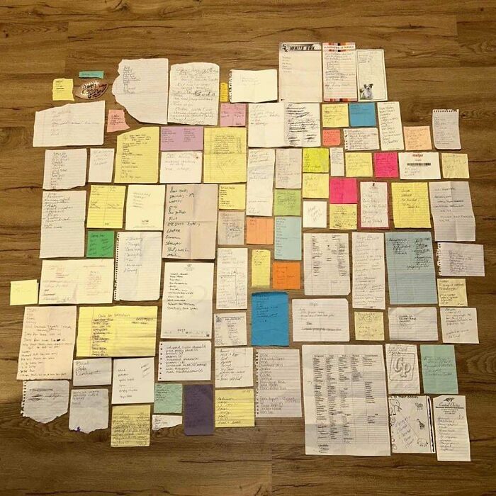 Neatly arranged collection of handwritten notes and lists on colorful paper, showcasing satisfying order and organization.