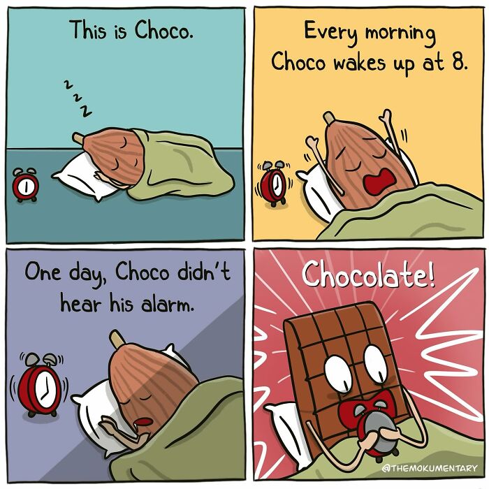 Comic strip showing a playful chocolate character waking up late, capturing the randomness of everyday life humor.