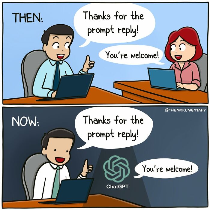 Comic illustrating the randomness of everyday life with a comparison of human and AI replies in office settings.