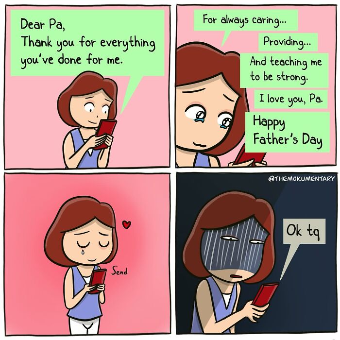 Comic illustrating everyday life randomness with a daughter texting a heartfelt Father's Day message to her dad.