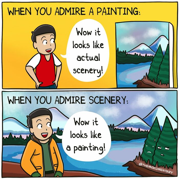 Comic illustrating the randomness of everyday life with a person admiring a painting and then the scenery reverse.
