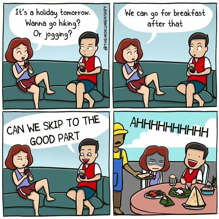 A comic strip showing a couple discussing hiking plans then skipping to a chaotic mealtime scene, capturing randomness of everyday life.