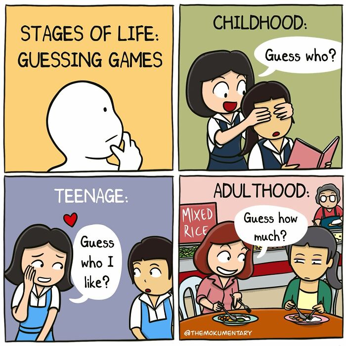 Comic illustrating guessing games through stages of life from childhood to adulthood, capturing everyday randomness in a cartoon style.