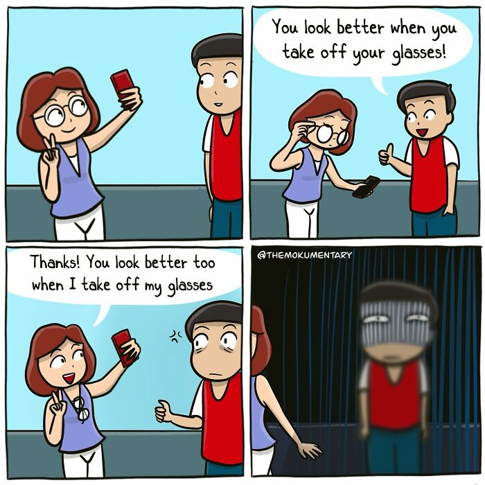 Comic illustrating the randomness of everyday life with a funny interaction about taking off glasses and appearance.