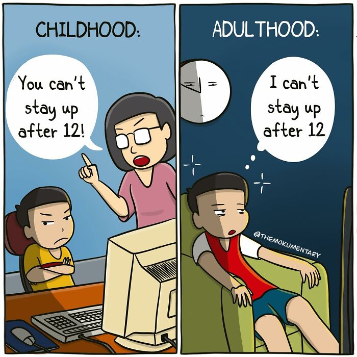 Comic depicting childhood and adulthood differences about bedtime, capturing the randomness of everyday life in a humorous way.