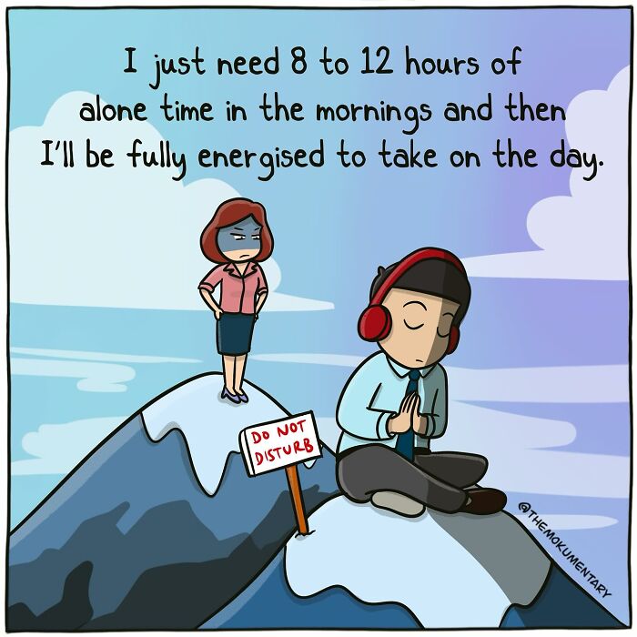 Cartoon comic showing a man meditating on a mountain with headphones and a woman frustrated nearby capturing randomness of everyday life.