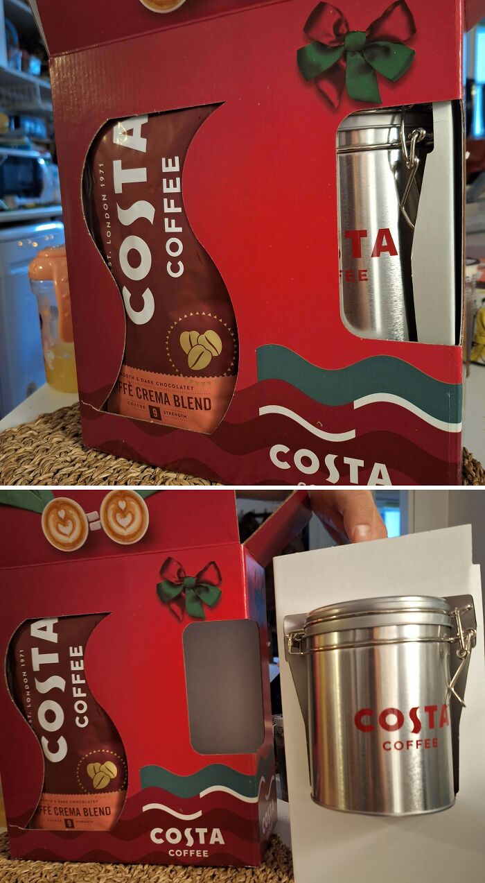 Misleading packaging showing Costa Coffee box with coffee inside but actual container is much smaller and hidden inside the box.