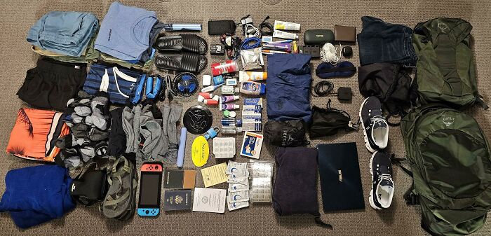 Neatly arranged travel and outdoor gear laid out in an orderly fashion, demonstrating perfect knolled organization.