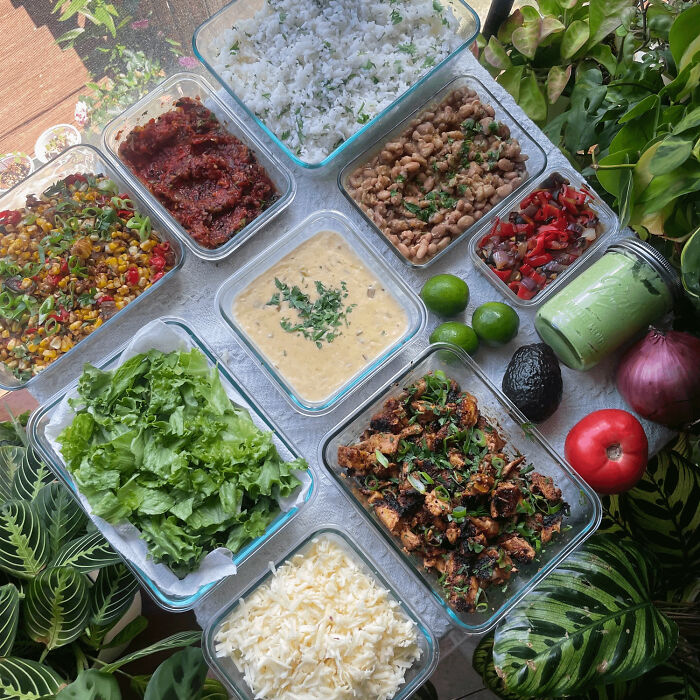 Meal prep containers neatly arranged with various colorful foods, showcasing order and organization for all things knolled.