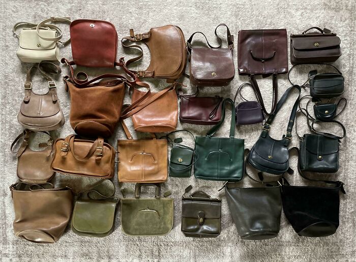 Neatly arranged collection of vintage leather handbags in various colors showcasing knolled organization for visual order.