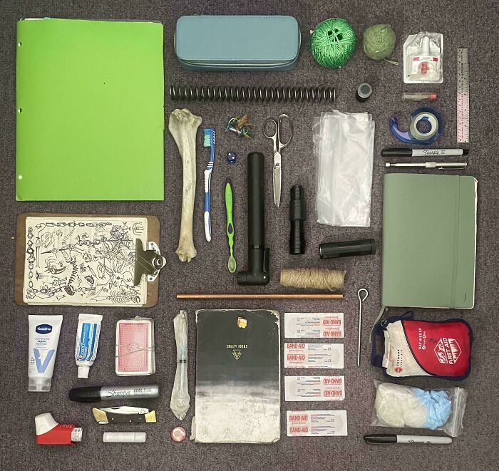 Neatly arranged everyday objects and tools organized in a visually satisfying knolled layout for order enthusiasts.