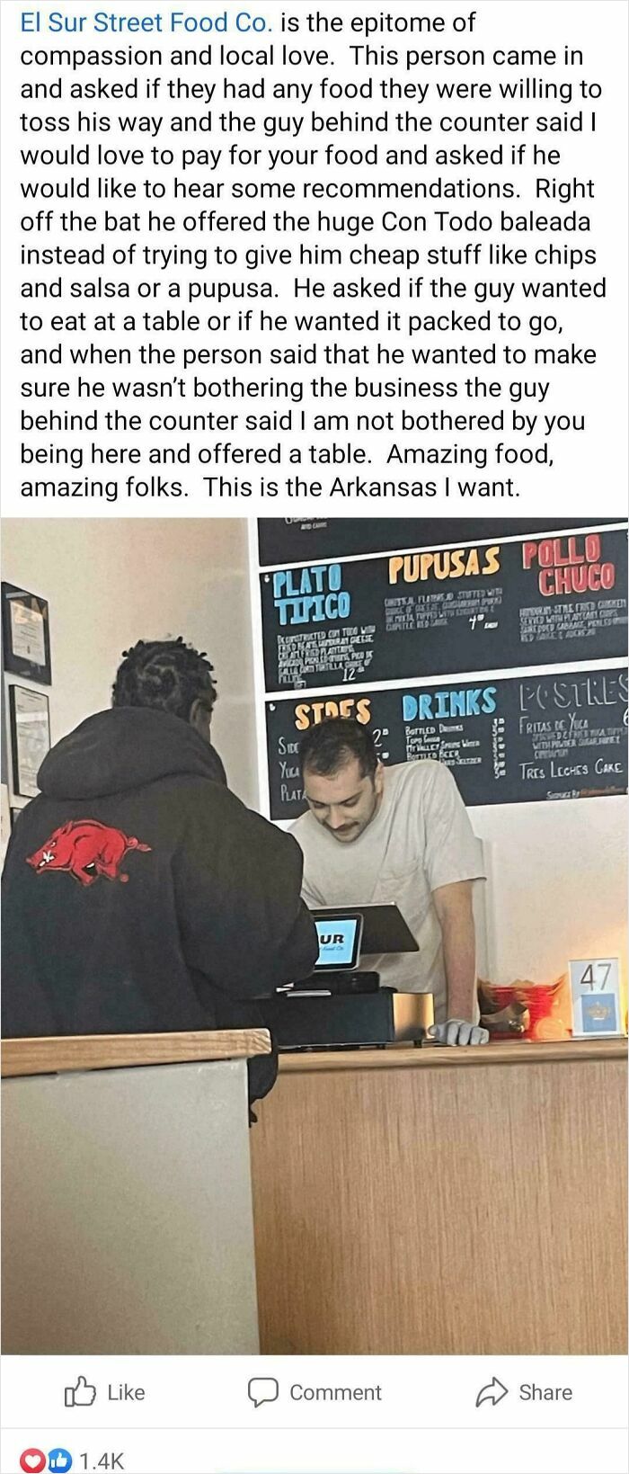 Customer at El Sur Street Food Co. helped by kind employee paying for food, restoring faith in humanity with kindness.