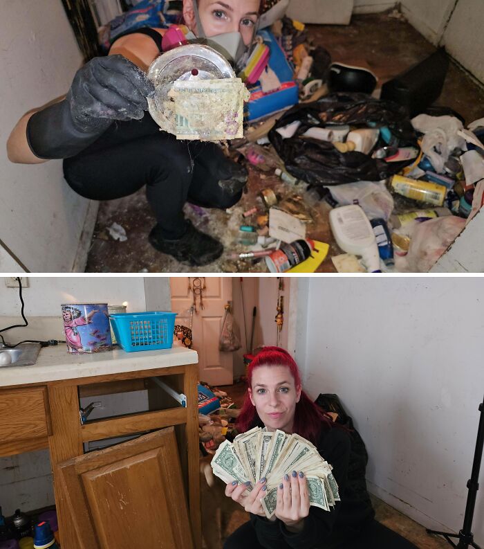 Person wearing gloves and mask finding money in trash, showing kindness and faith in humanity restored moments.