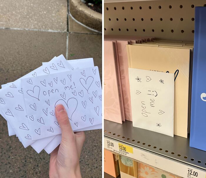 Handwritten "open me" notes with hearts, spreading kindness and restoring faith in humanity through strangers' thoughtful acts.