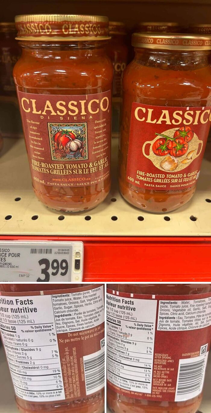Two jars of Classico pasta sauce with different sizes and labels misleading product quantity on store shelf.