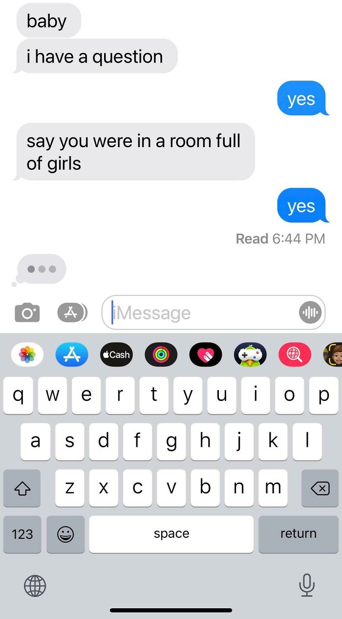 Text message conversation screenshot showing a frozen frame capturing suspense without revealing the aftermath.