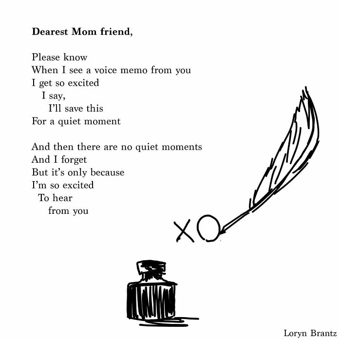 Poem excerpt about parenting joys and challenges with a feather pen and ink bottle illustration by Loryn Brantz.