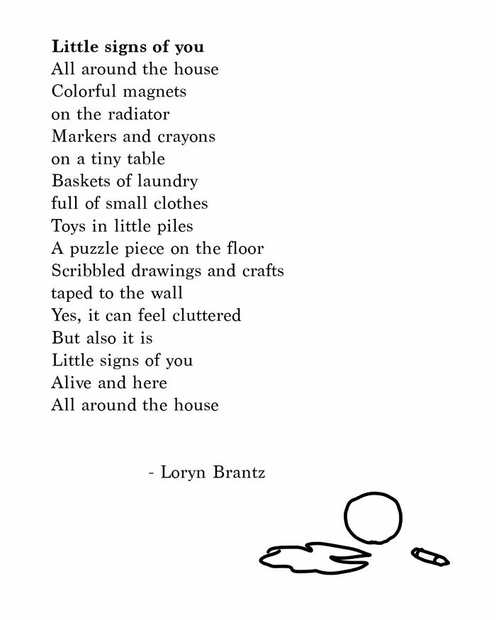 Poem about little signs of parenting joys and challenges, with handwritten text and simple doodle by Loryn Brantz.