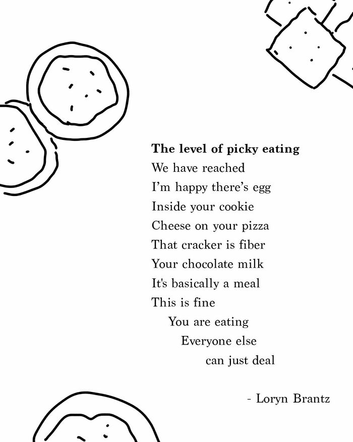 Poem about the joys and challenges of parenting with picky eating, illustrated with simple cookie and cracker drawings.