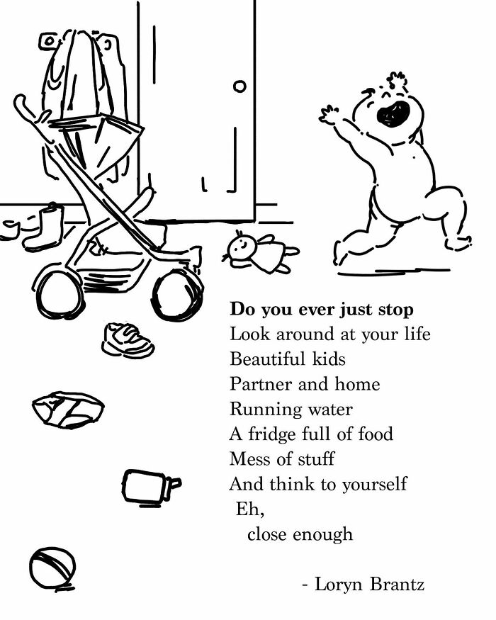 Illustration of a joyful toddler with a stroller and scattered toys, capturing the joys and challenges of parenting poems.