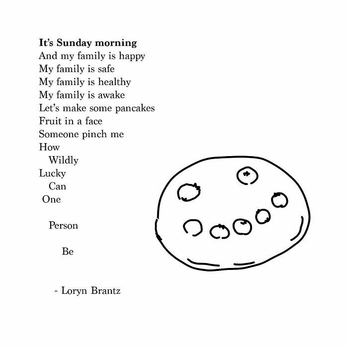 Hand-drawn poem about family joy and pancakes, accompanied by a simple cookie sketch, highlighting parenting joys and challenges.