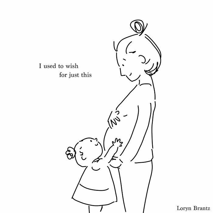 Line drawing of a child touching a pregnant woman’s belly with text about parenting joys and challenges by Loryn Brantz.
