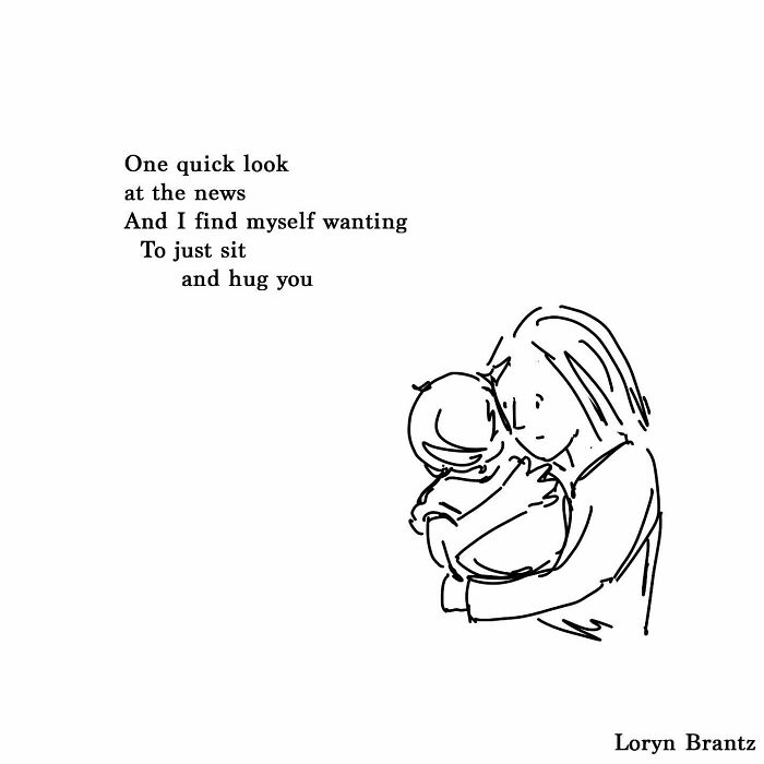 Hand-drawn illustration of a parent hugging a child with a short poem on the joys and challenges of parenting.
