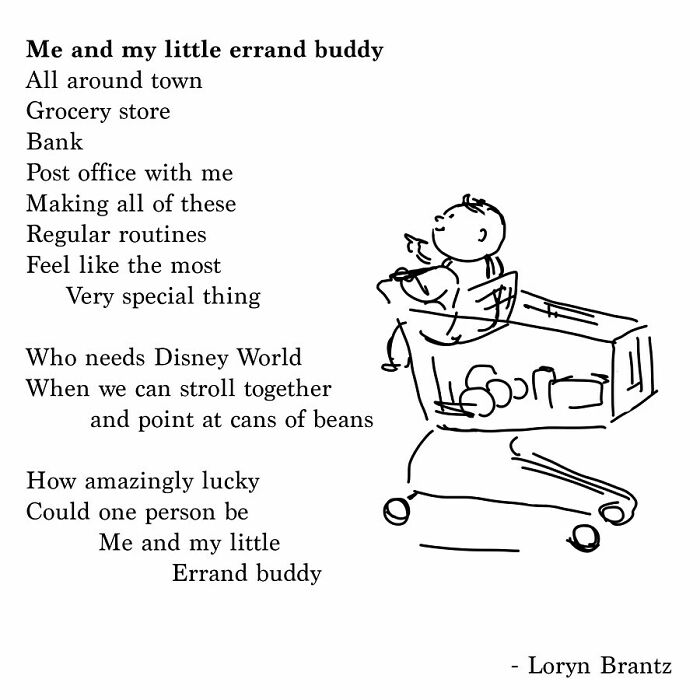 Hand-drawn sketch of a child in a shopping cart with a poem about parenting joys and challenges by Loryn Brantz.